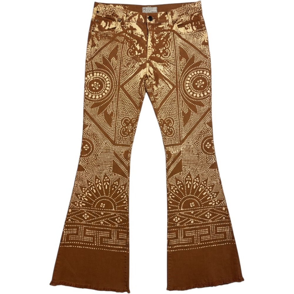 Free People Brown Geometric Sunburst Bleach Dye Wide Leg Flare Jeans 31